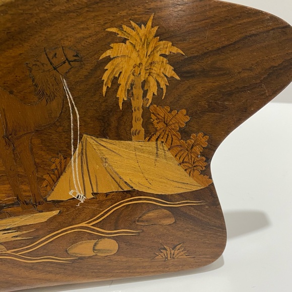 Vintage Wood Plaque Marquetry Inlay Middle East Campsite Tent Camel Palm Trees - Picture 6 of 10